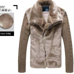 Men Winter Fur Collar Wool Sleeve Patchwork Woolen..