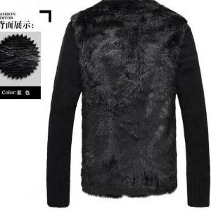 Men Winter Fur Collar Wool Sleeve Patchwork Woolen..