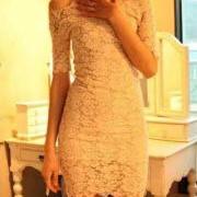 Women Elegant Sexy Party Short Sleeve Strapless Boat Neck Lace Formal Dress