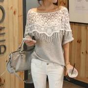 Women Lace Hollow Out Crochet Shawl Collar Batwing Sleeve T Shirt Tops