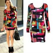 Women Long Sleeve Sexy Party Print Package Hip Mini Dress