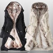 Women Winter Faux Fur Lined Hoodie Coat Outerwear