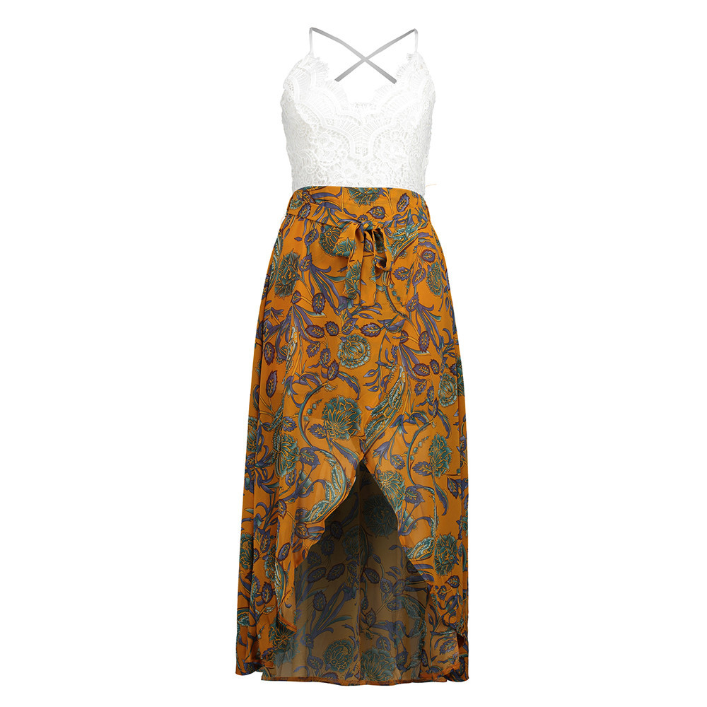 S-xxl Women's Lace Panel Print Sling V-neck Vacation Beach Long Skirt Split Chiffon Dress