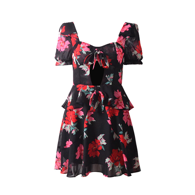 S-xl Women's Clothing Europe And The United States Floral Print Ruffled Large Swing Chiffon Dress