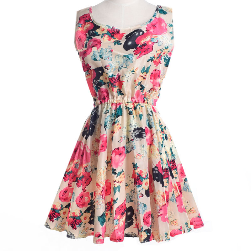 S-xxl Women's Clothing European And American Summer Bottoming Skirt Sleeveless Printed Chiffon Dress Floral Vest Dress