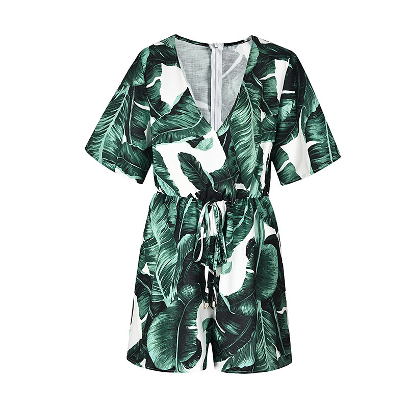 S-xl Women's Clothing V-neck Lotus Leaf Sleeves Leaf Print Skirts European And American Temperament Chiffon Skirt One-piece Hakama