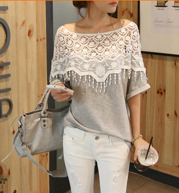 Women Lace Hollow Out Crochet Shawl Collar Batwing Sleeve T Shirt Tops