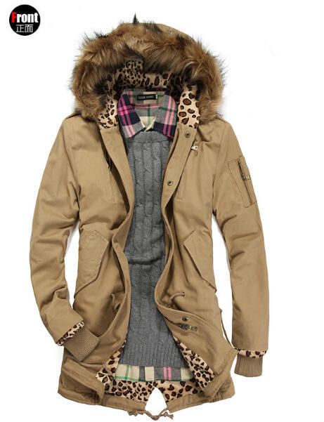 Men Winter Hoodie Leopard Cotton Woolen Jacket Coat Outerwear