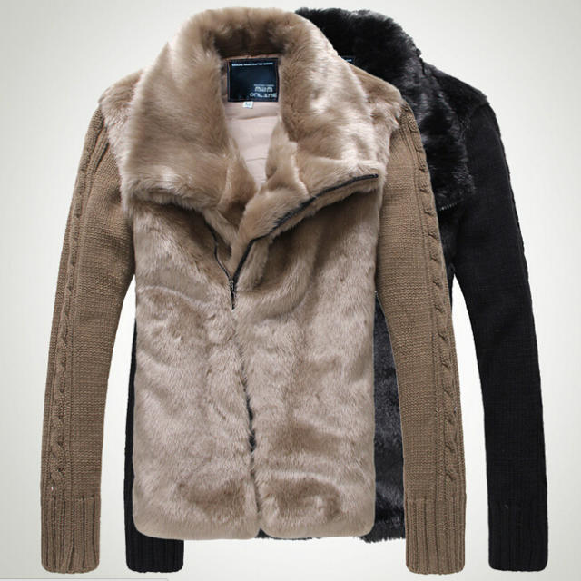 Men Winter Fur Collar Wool Sleeve Patchwork Woolen Cotton Jacket Coat Outerwear